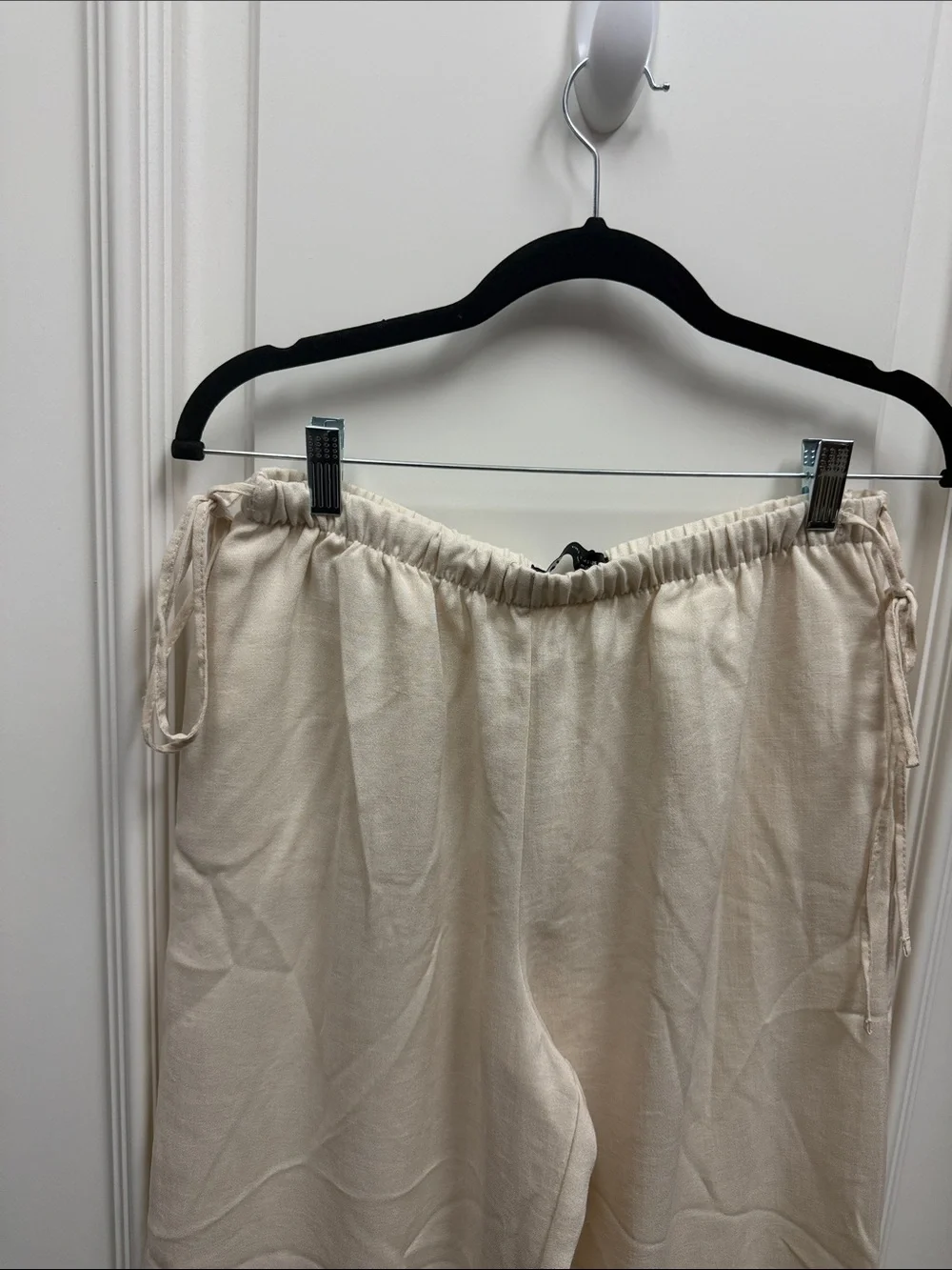 Zara Wide Leg Drawstring linen low rise side tie Cream ecru khaki trouser pants